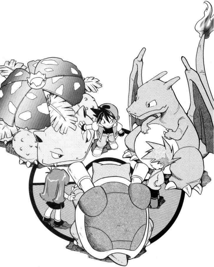 Rouge, Bleu et Verte avec leurs Pokémon starters dans le manga "La Grande Aventure"